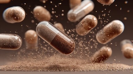Colorful capsules scattered on a pile of powder on a dark background