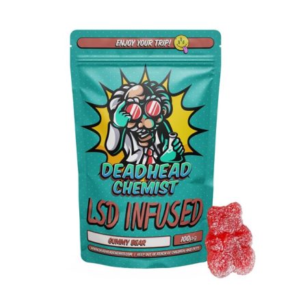 Deadhead Chemist LSD infused gummy bear pouch in teal standing beside a sugar-coated red gummy bear