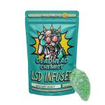 Deadhead Chemist LSD infused gummy bear pouch in teal standing beside a sugar-coated red gummy bear