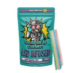 Deadhead Chemist LSD infused gummy bear pouch in teal standing beside a sugar-coated red gummy bear
