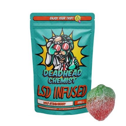 Deadhead Chemist LSD infused gummy bear pouch in teal standing beside a sugar-coated red gummy bear
