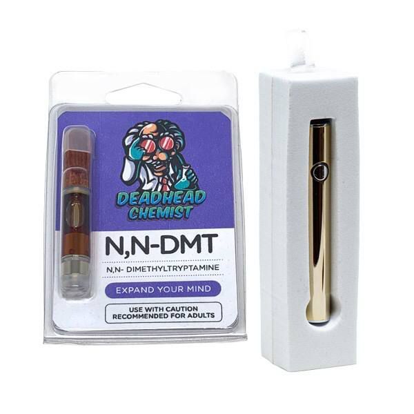 Deadhead Chemist authentic all-in-one buy Deadhead DMT bundle showing 1mL cartridge in blister pack alongside gold 510 variable battery Deadhead Chemist authentic all-in-one buy Deadhead DMT bundle showing 1mL cartridge in blister pack alongside gold 510 variable battery