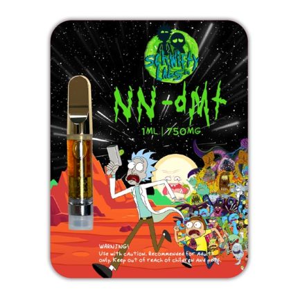 Authentic blister packaging displaying a 1mL Schwifty 750mg DMT cartridge with golden liquid extract and metallic gold mouthpiece