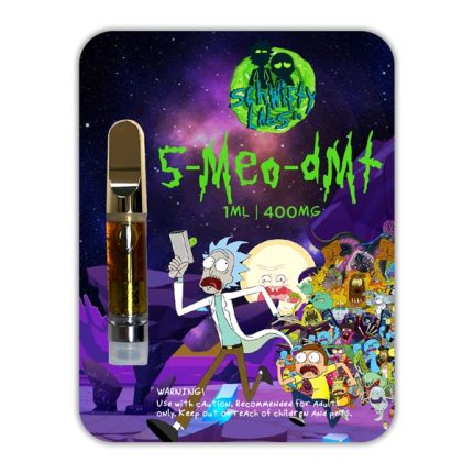 Sealed Schwifty Labs packaging blister pack displaying an authentic 1mL Schwifty 400mg 5MeO cartridge with clear amber liquid and gold mouthpiece