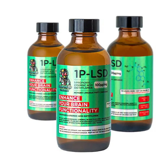 Three amber glass bottles of Deadhead Chemist microdose LSD 1P tincture with green metallic labels Three amber glass bottles of Deadhead Chemist microdose LSD 1P tincture with green metallic labels