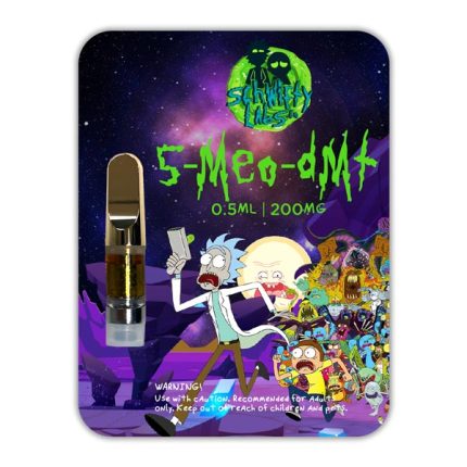Schwifty Labs packaging blister pack beside authentic 0.5mL Schwifty 5MeO cartridge showing golden extract and gold tip